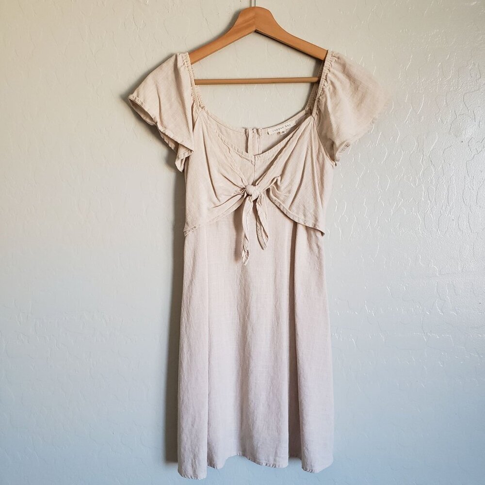 Copper Key Linen Blend Tie Front Flutter Sleeve Mini Dress Cream Sz Small Beach